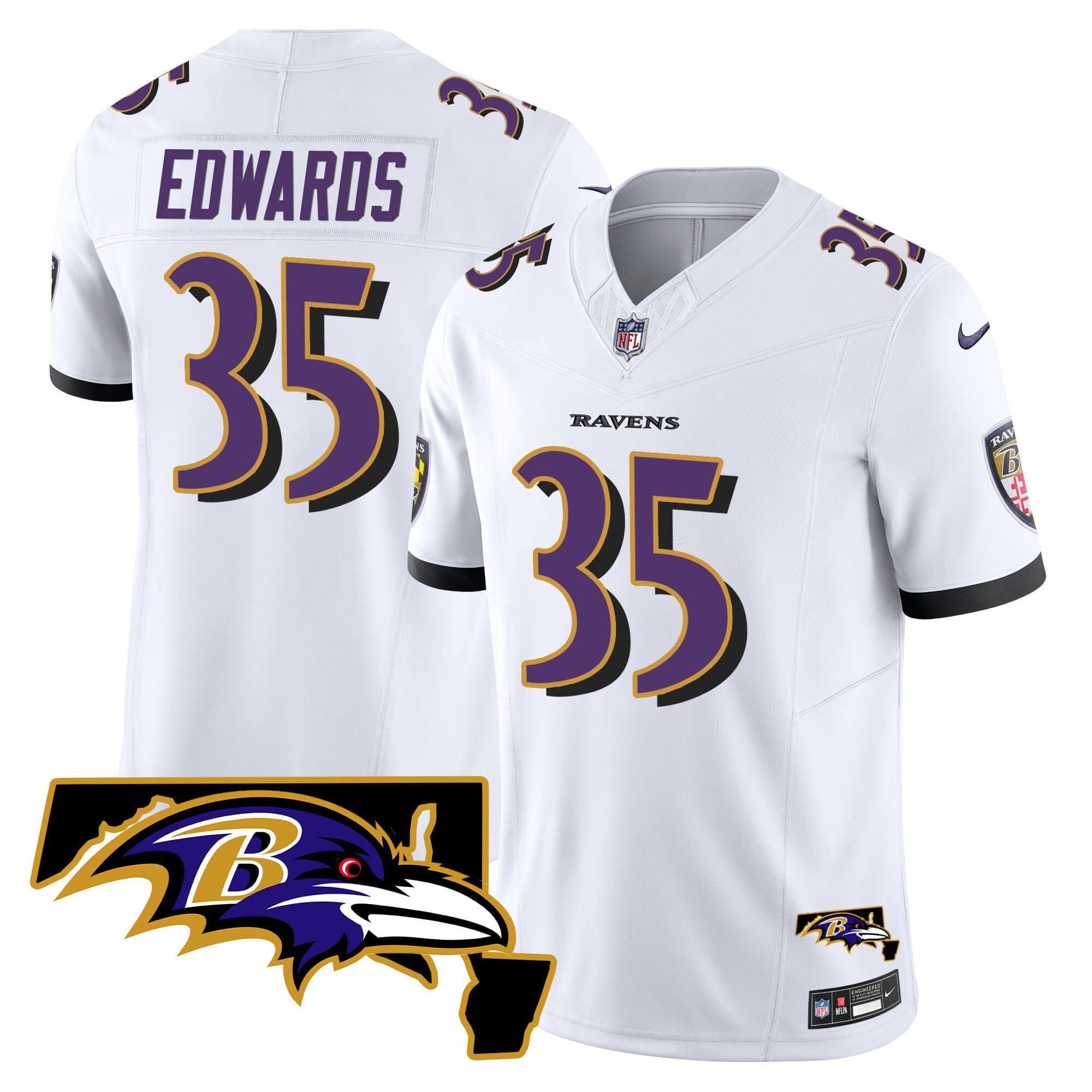 Men Baltimore Ravens #35 Edwards White 2024 Nike Maryland Patch Vapor Limited NFL Jersey